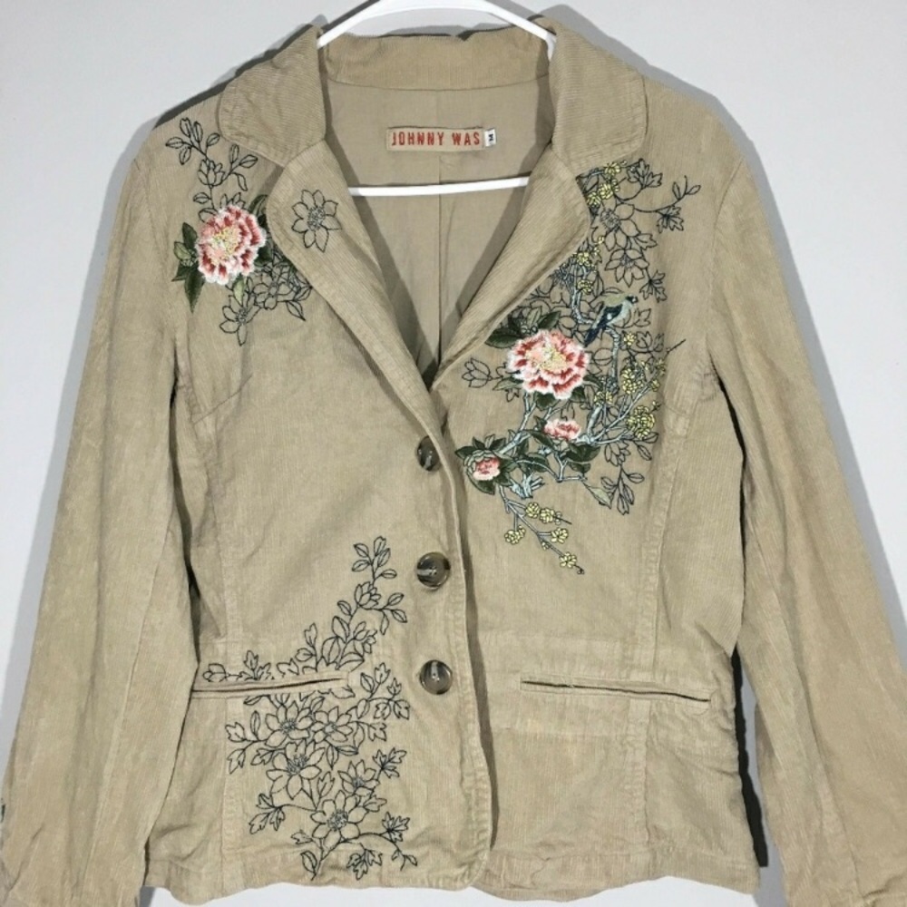 Johnny Was floral embroidered corduroy jacket